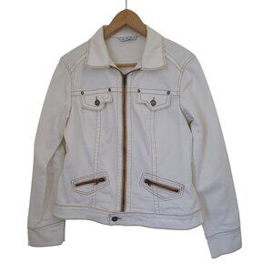 CAbi White Denim Jacket With Button Accents & Zippered Pockets Women's Size M
